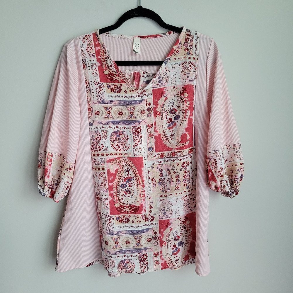 Flamingo Pink Striped Paisley Floral Print Puff Short Sleeve V-Neck Top